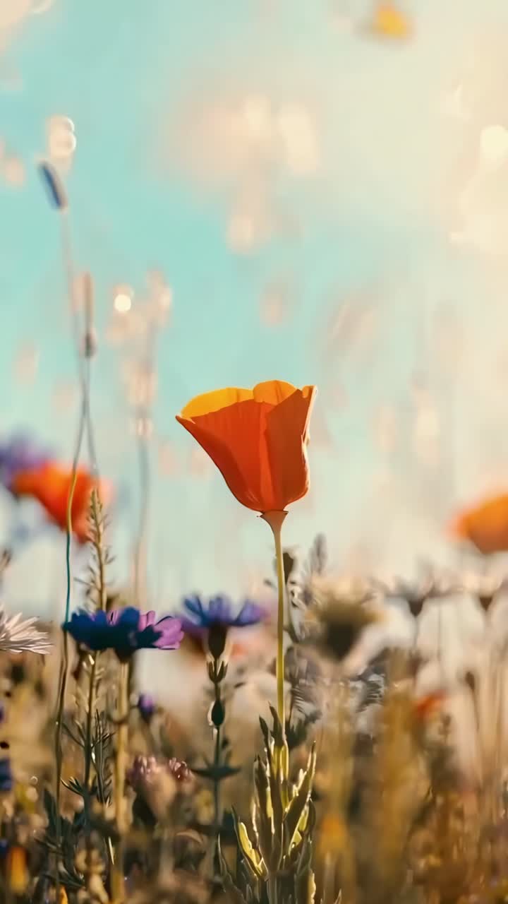 A vibrant video captures wildflowers in a meadow at sunrise, with a low-angle view