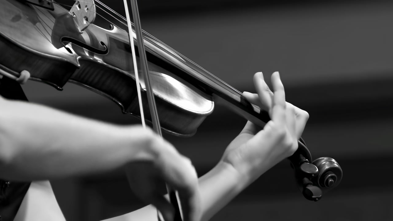 Closeup Violin Hands Playing Bow, Intimate Monochrome Concert Scene, Focused Fingers Navigating Strings,