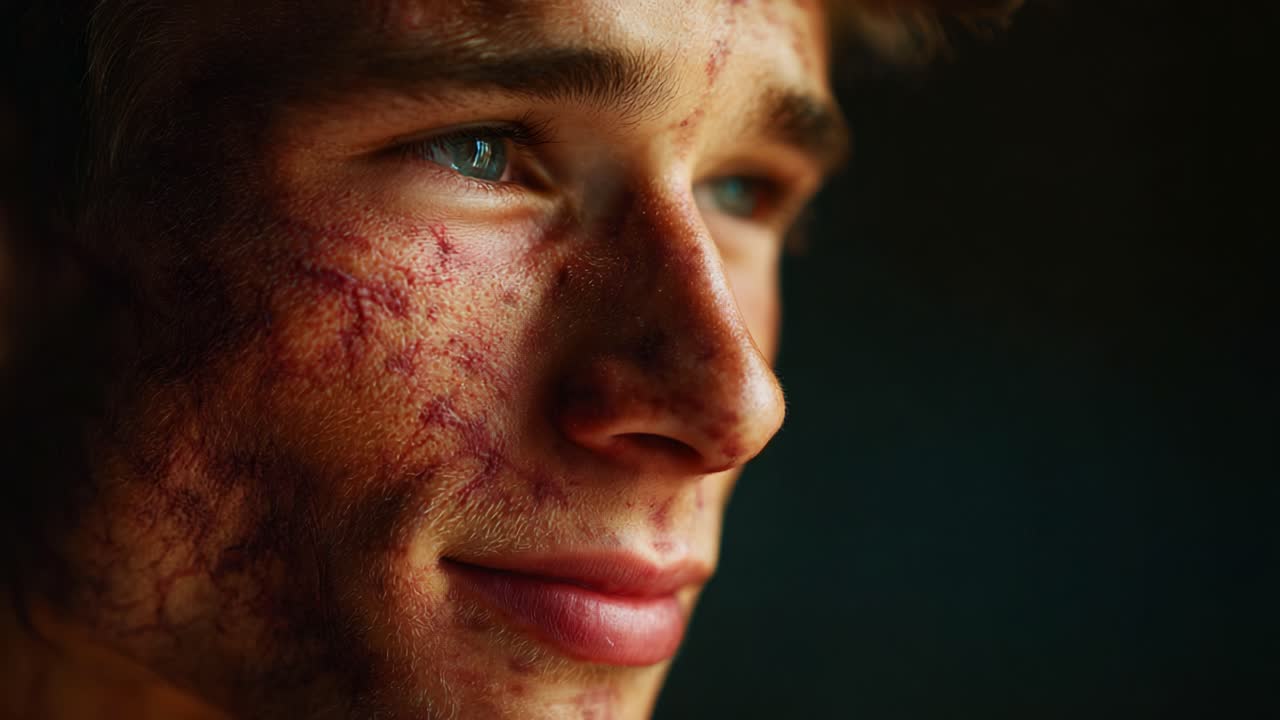 A Portrait of Resilience: Capturing the Journey of a Young Individual with Unique Skin Textures, Highlighting Character and Emotional Depth Through Stunning Light and Expression