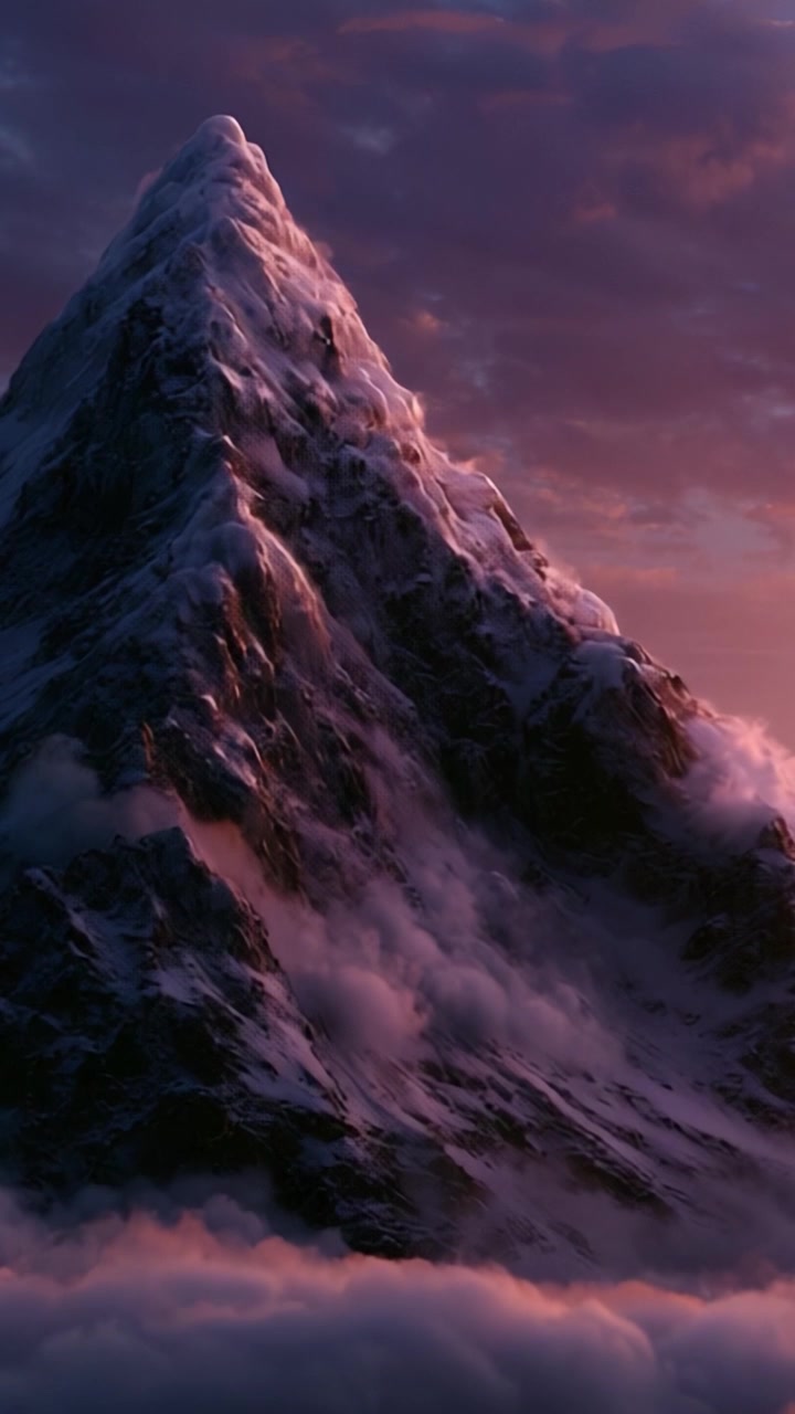 Majestic Snow-Capped Mountain Peak Surrounded by Dreamy Clouds and Distant Colorful Skies at Sunset, Capturing Nature's Breathtaking Beauty and Grandeur