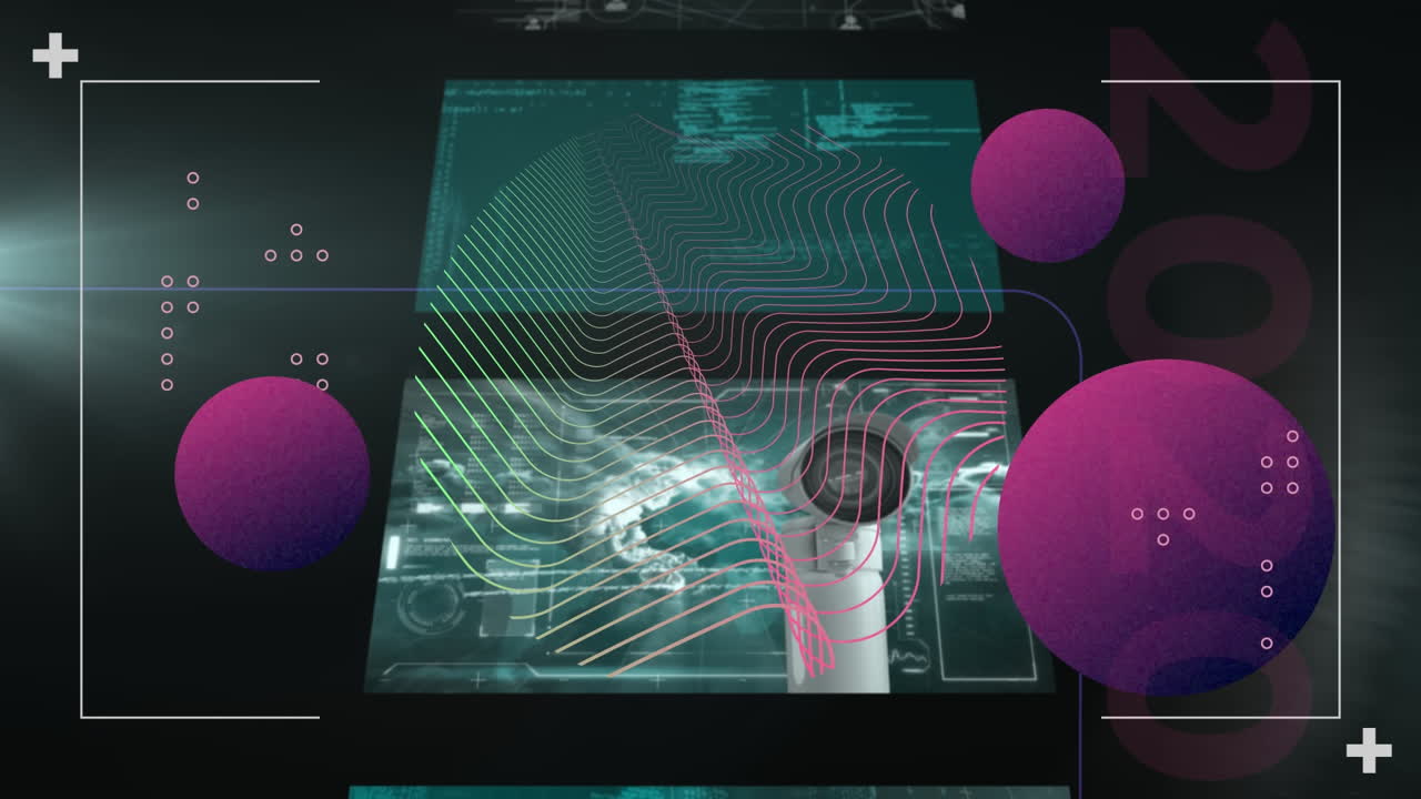 animación de pantallas de interfaz que procesan datos, con líneas curvas y esferas púrpuras en negro