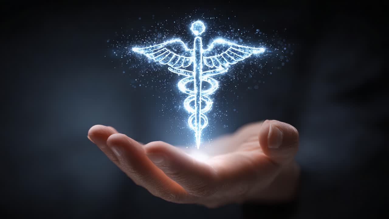 Un simbolo luminoso della sanità: una mano che tiene una rappresentazione radiosa del caduceo, illustrando l'incrocio tra medicina e tecnologia.
