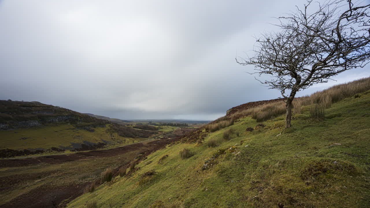 lapso de tiempo del paisaje rural y remoto de hierba, árboles y rocas durante el día en las colinas de carrowkeel en el condado de sligo, irlanda