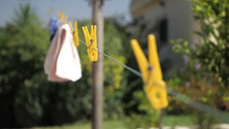 rack focus of yellow plastic pegs on outside clothesline