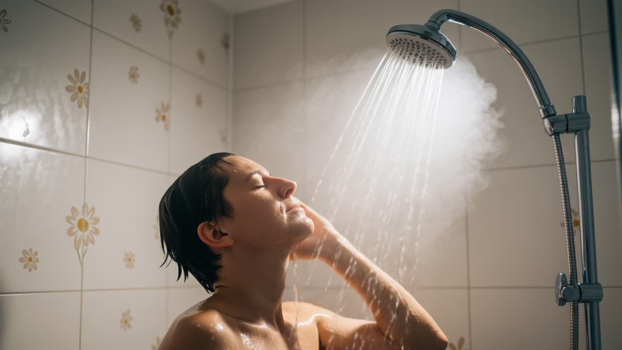Refreshing Shower Experience: A Person Enjoys the Soothing Sensation of Water in a Steam-Filled Bathroom, Capturing Moments of Relaxation and Self-Care