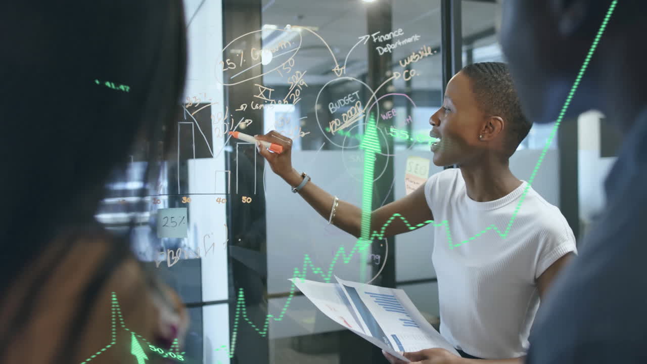 Animation of financial data processing over diverse businesspeople working in office