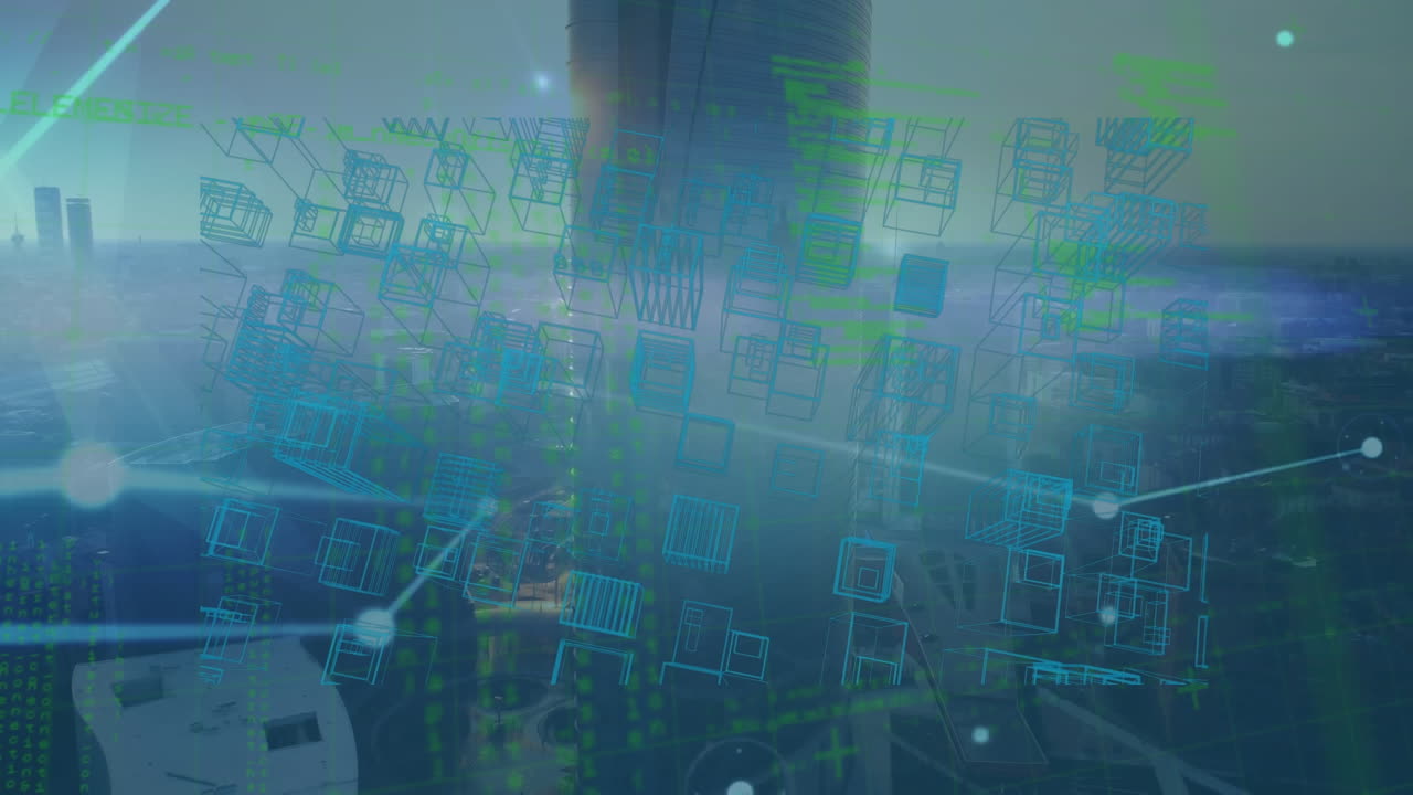 Animation of data processing and digital city over cityscape