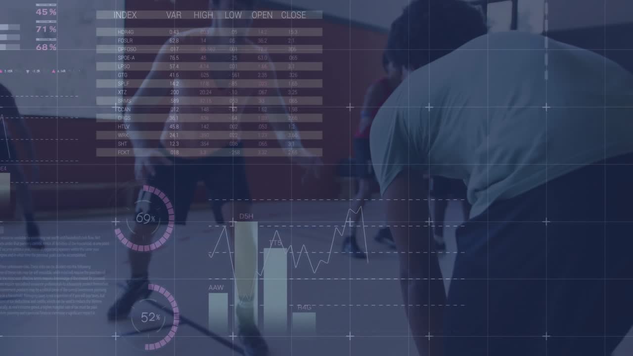 Ball handler starting drill on court as animated sports data charts and gauges tracking performance