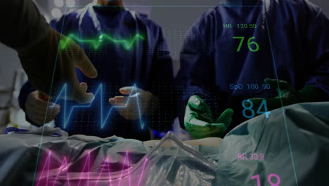 medical team performing surgery with vital signs monitoring animation over patient