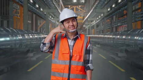 asian male engineer with safety helmet smiling to camera and making call me gesture while standing with metal pipes