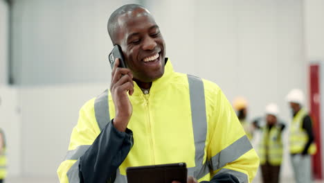 Speaking,-engineer-and-black-man-with-a-tablet