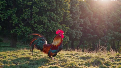 rooster in a meadow at sunrise/sunset