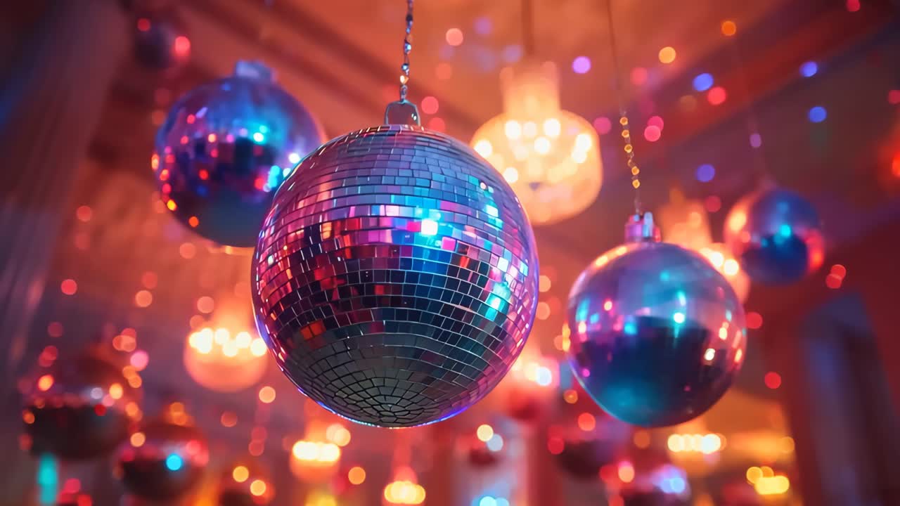 A bunch of disco balls hanging from the ceiling, with one of them being the center of attention. The scene is set in a party or a club, with the lights and decorations creating a fun