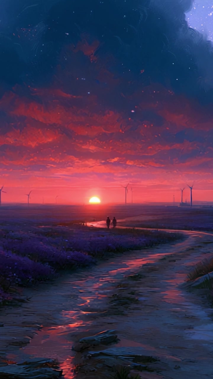 Passeggiata serena al crepuscolo: due figure ammirano un tramonto mozzafiato tra campi vivaci e maestose turbine eoliche sotto un cielo stellato.