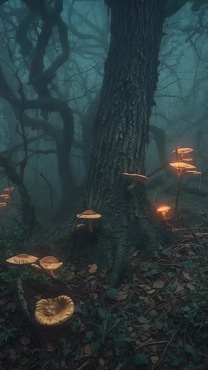 Vertical video: Dollying camera panning tree trunk in misty forest, revealing glowing mushrooms