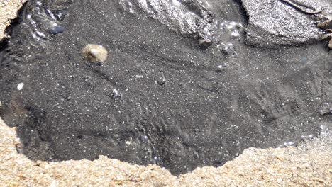 clear-flowing-water-shimmering-over-black-oil-polluted-textured-contrast-sand-slow-dolly-right