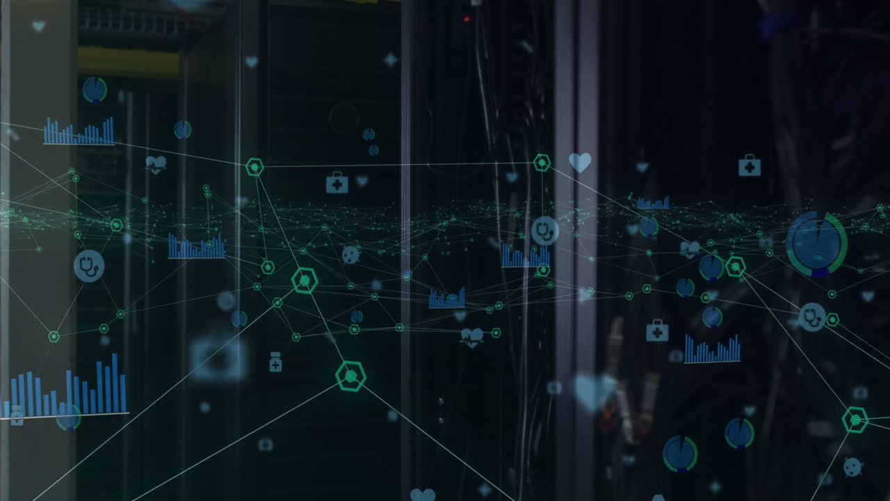 Animation of network of connections with icons over computer servers