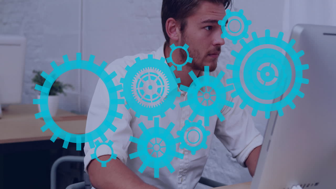 trabajando en la computadora, el hombre con engranajes azules animación que lo rodea