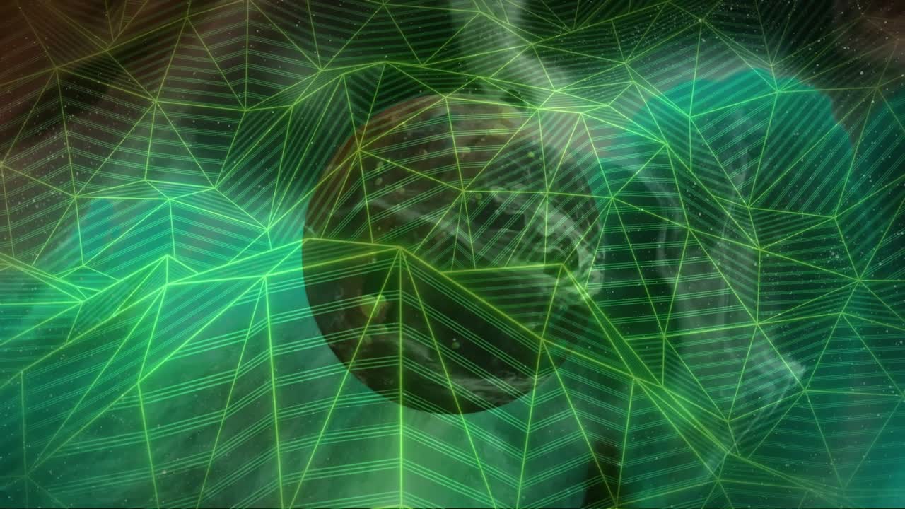 Neon-green triangular grid shifting triggers central sphere rotating to reveal wireframe for demo