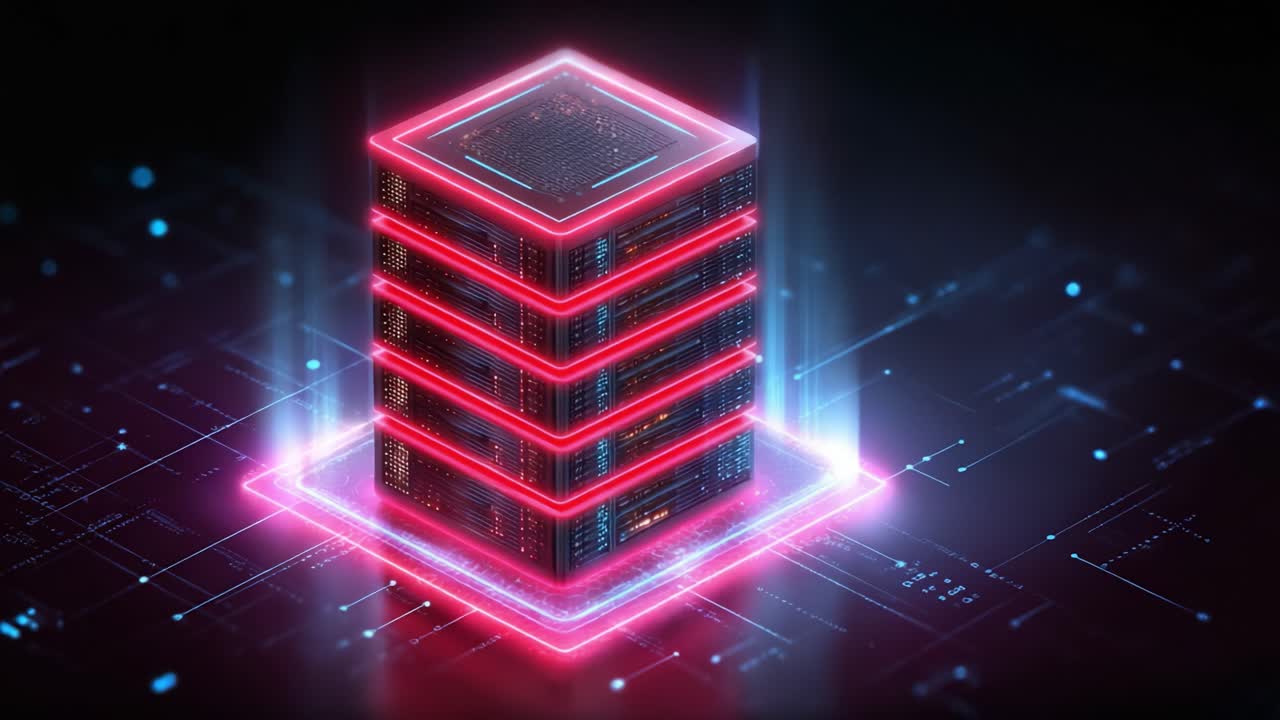 Visualisasi pusat data mutakhir yang menampilkan tumpukan server dengan sorotan neon yang ditingkatkan, yang menggambarkan teknologi modern dan peralatan komputasi berperforma tinggi