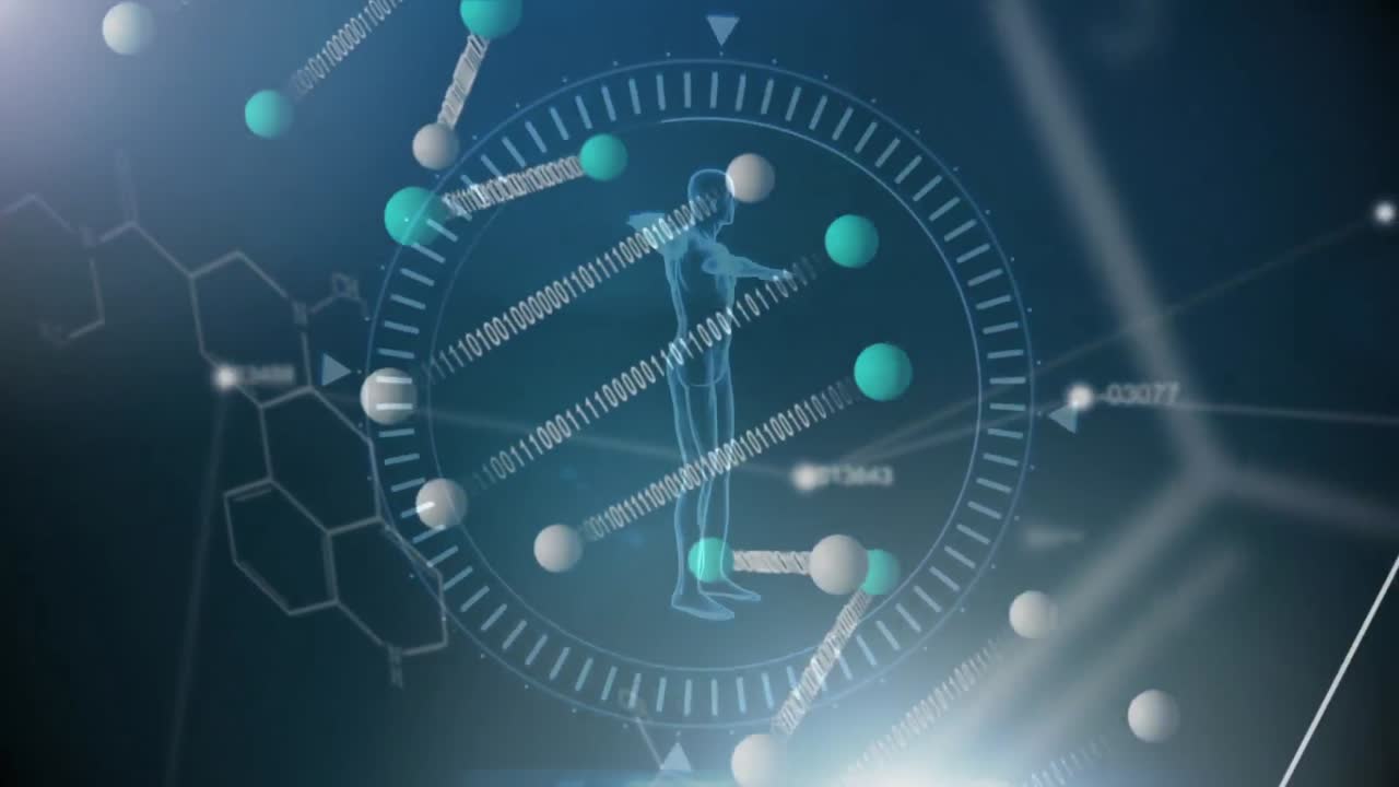 3차원 dna 가닥 스핀과 인간 모델에 대한 데이터 처리 애니메이션