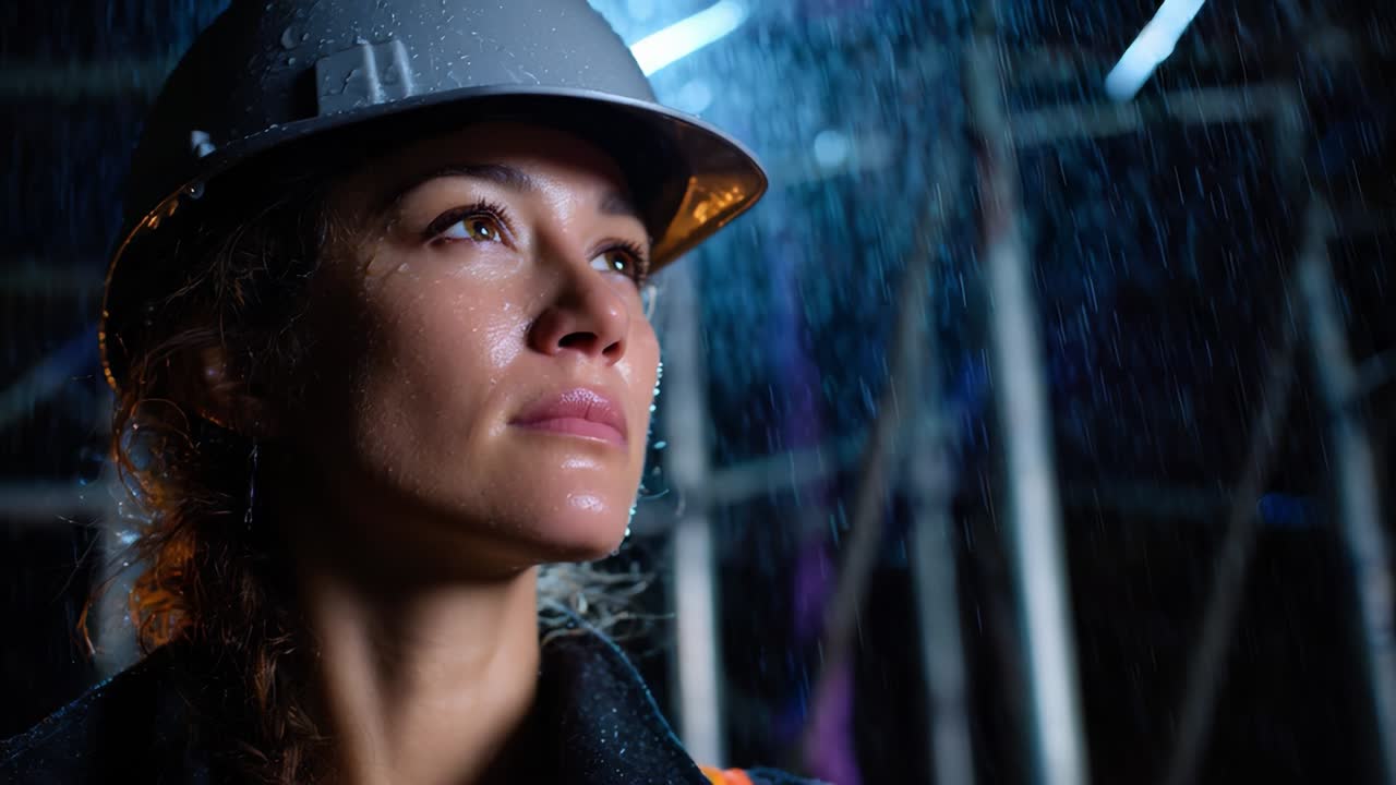Determined Construction Worker Braving the Elements in Rainy Night Scene, Gazing Upward with Focus Amidst Cascading Water Drops and Neon Light Reflections