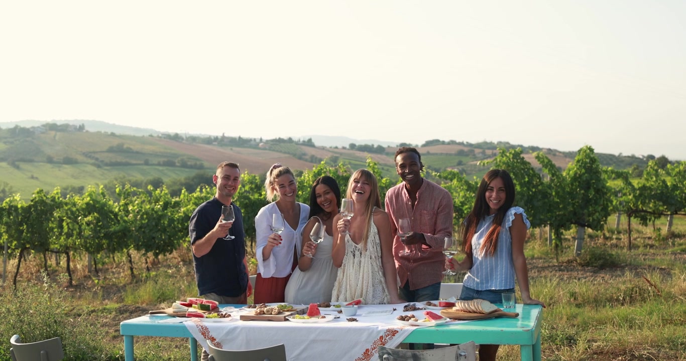 Happy Diverse Friends Enjoying a Picnic and Wine in a Vineyard