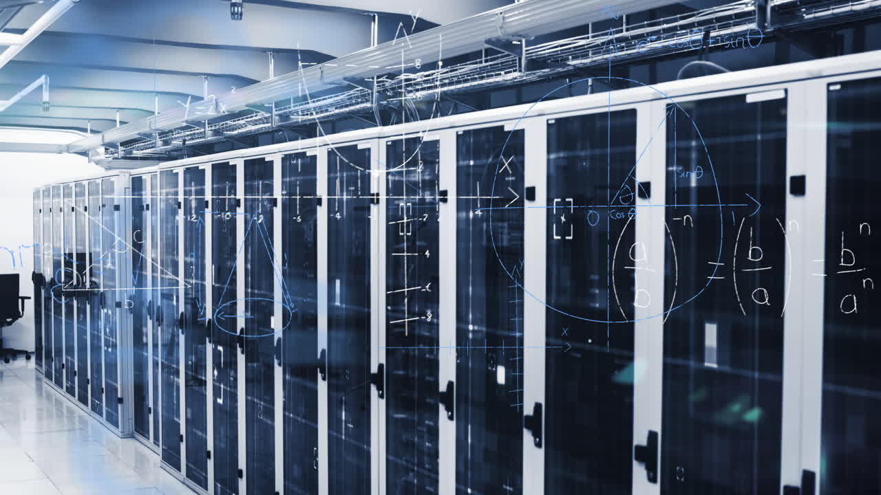 Mathematical equations against empty server room