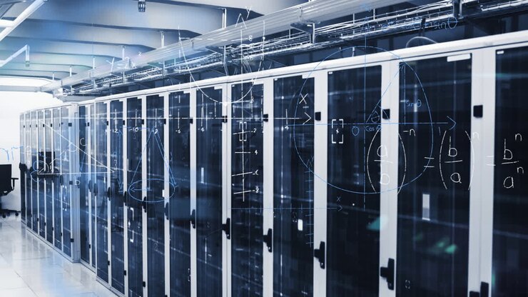 Mathematical equations against empty server room