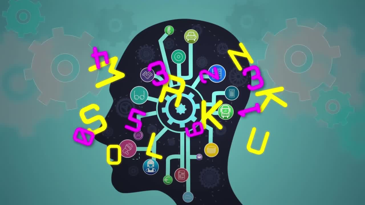 animación de una red de iconos con números y letras en la cabeza humana con engranajes