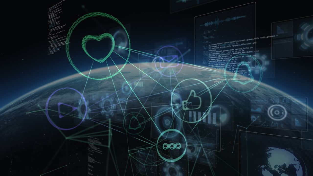 Animation of network of connections with digital icons and data processing on screens over globe