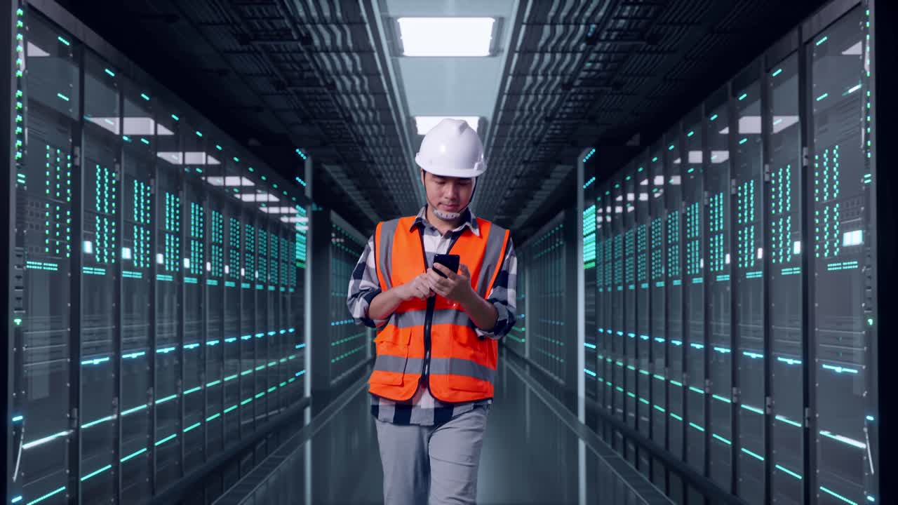 Front View of Asian Male Engineer Use Smartphone While Walking in Server Room Data Center