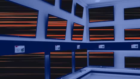 Animation-of-rows-of-television-sets-in-store-with-glowing-screens-with-copy-space