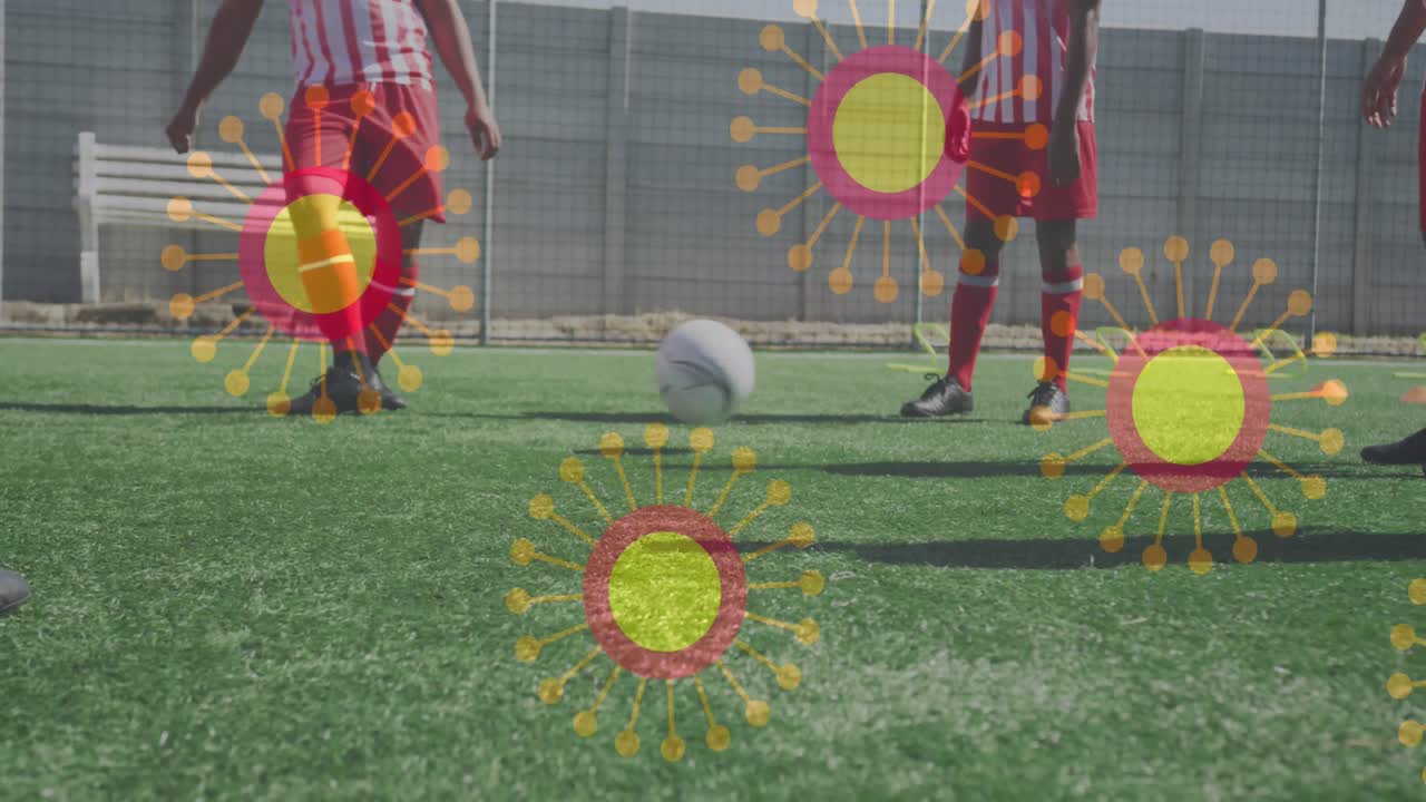 빈 스포츠 경기장에서 미국  ⁇ 발 위에 있는 코로나19 세포의 애니메이션