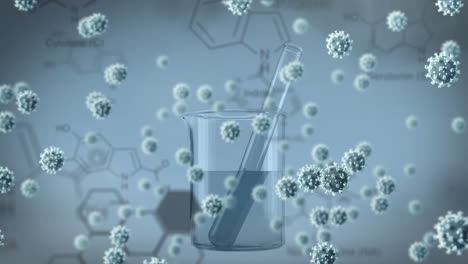 animation of covid 19 cells over chemical compound structures and test tube in beaker