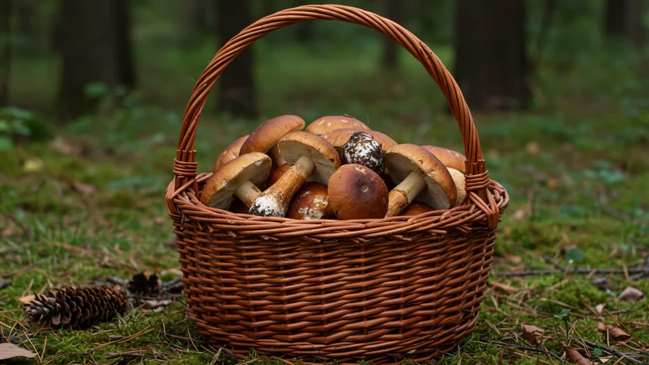 A Collection of Freshly Foraged Mushrooms in a Beautifully Woven Basket Nestled Among Lush Forest Floor Elements