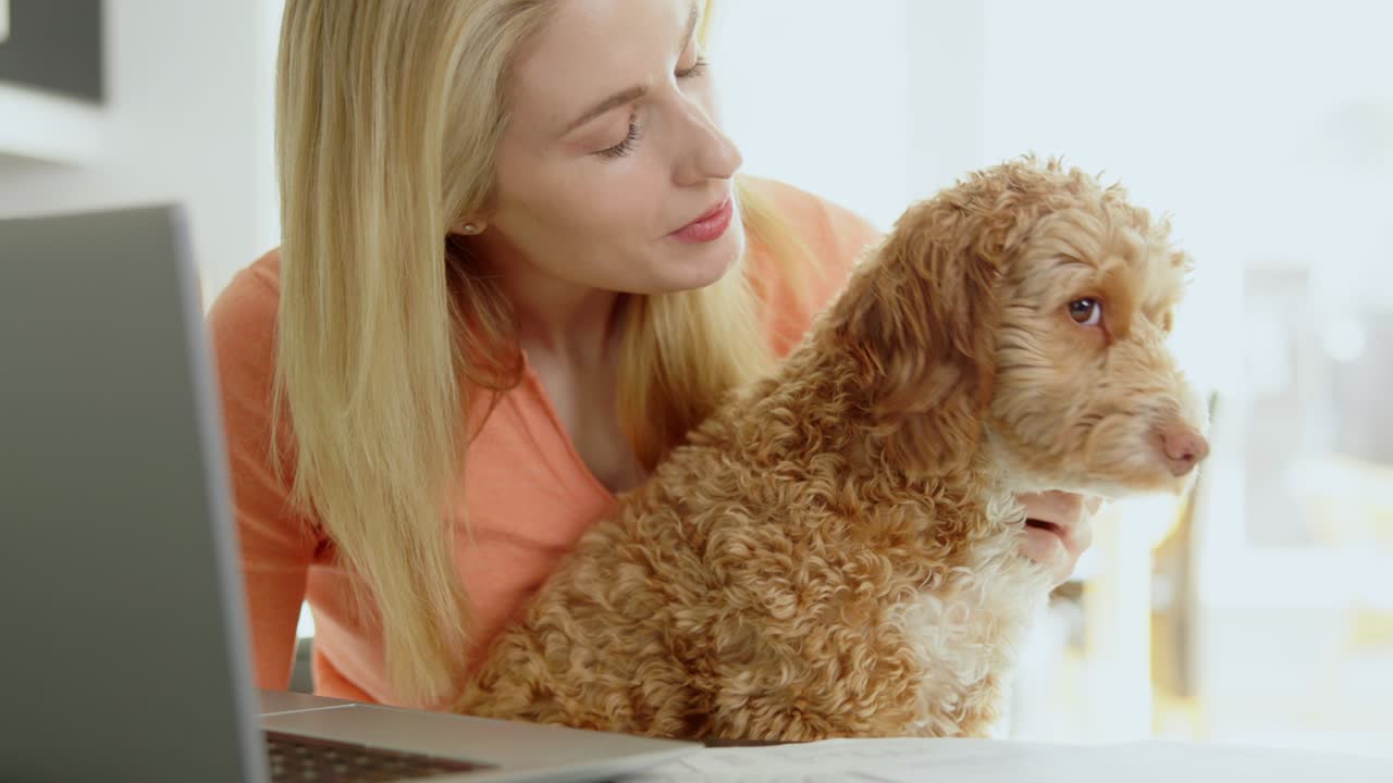mujer con perro cockapoo mascota investigando seguros en la computadora portátil en casa