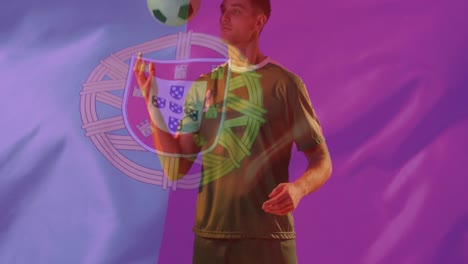 Animation-of-caucasian-male-soccer-player-over-flag-of-portugal