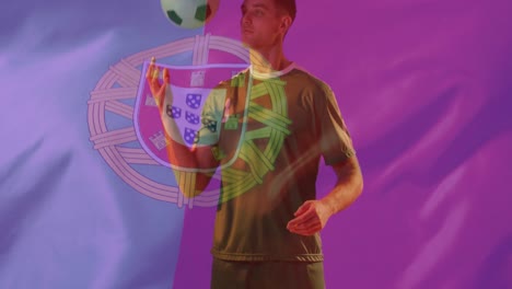 animación de un jugador de fútbol caucásico sobre la bandera de portugal