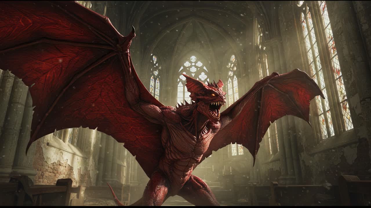 Epic Encounter in an Ancient Cathedral: A Majestic Red Dragon Stands Tall, Wings Spread, Illuminated by Ethereal Light as It Roars with Ferocity in a Forgotten Sanctuary