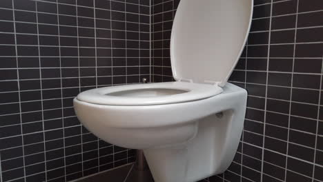 Toilettenschüssel,-Toilette-Im-Modernen-Badezimmer-Mit-Schwarzen-Und-Grauen-Fliesen,-4k-Uhd,-Offener-Deckel,-Kippaufnahme,-Schwarz-weiß-kontrast