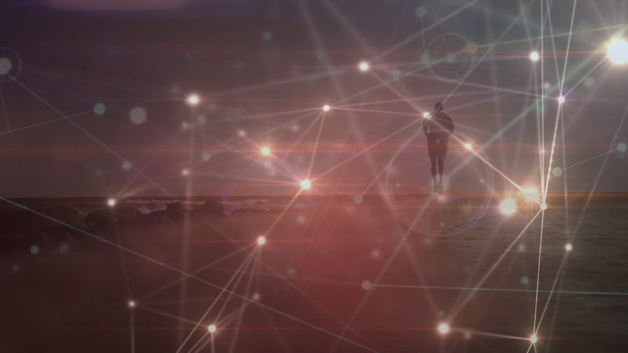 animación del procesamiento de datos y puntos de luz sobre el hombre corriendo