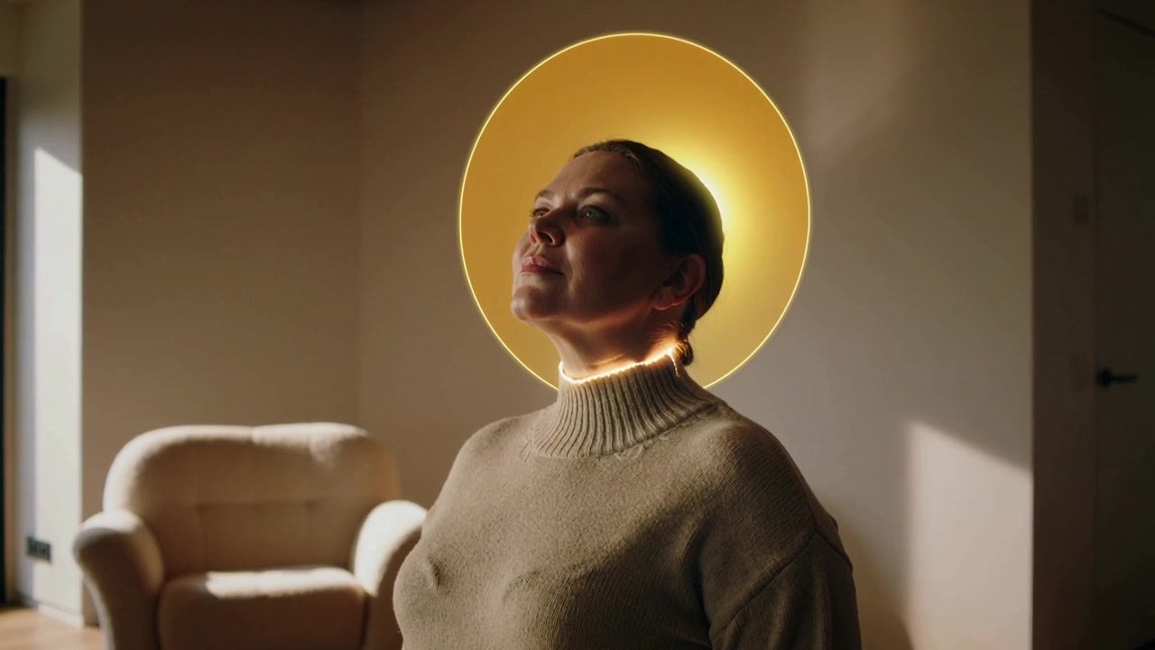 Una donna che inclina la testa e solleva il mento in una stanza illuminata delicatamente, con un'aureola che appare dietro il collo proiettando un bagliore sul maglione.