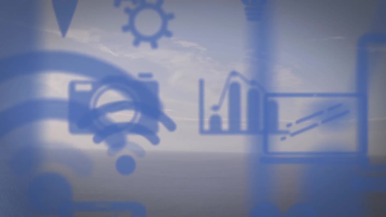 animación de iconos digitales flotando sobre el paisaje