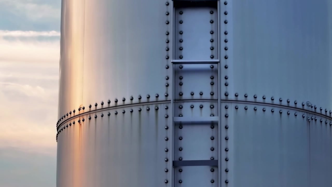 Scena in movimento ravvicinata di un serbatoio industriale che mostra una scala fissa, pannellatura metallica rivettata, forma cilindrica curva e un caldo riflesso che si muove lentamente sull'acciaio invecchiato sotto una chiara luce serale