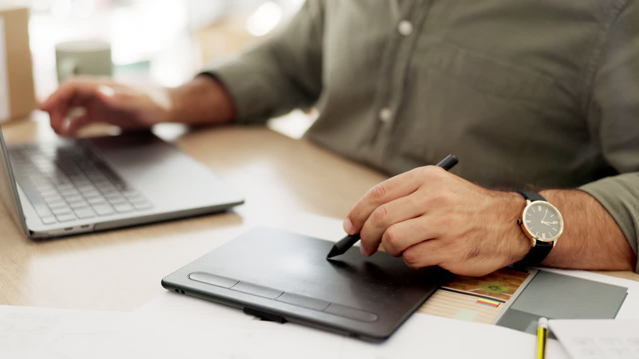 Mano, trackpad e uomo d'affari che usa uno stilo