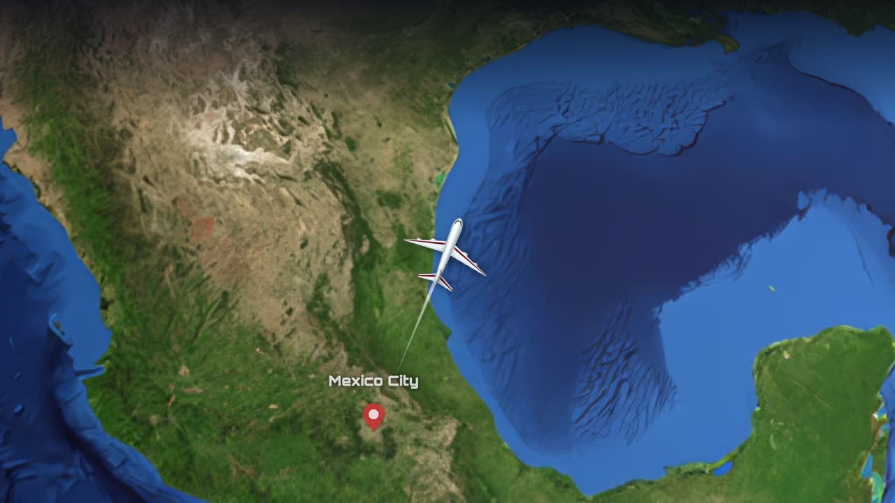 Satellite map animation tracks a commercial airplane flying from Mexico City north to Chicago, Illinois