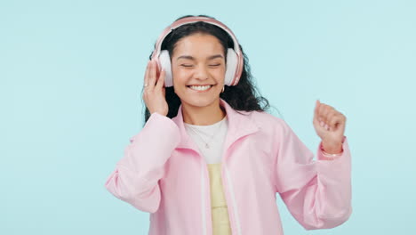 Music,-dancing-and-excited-woman-on-headphones