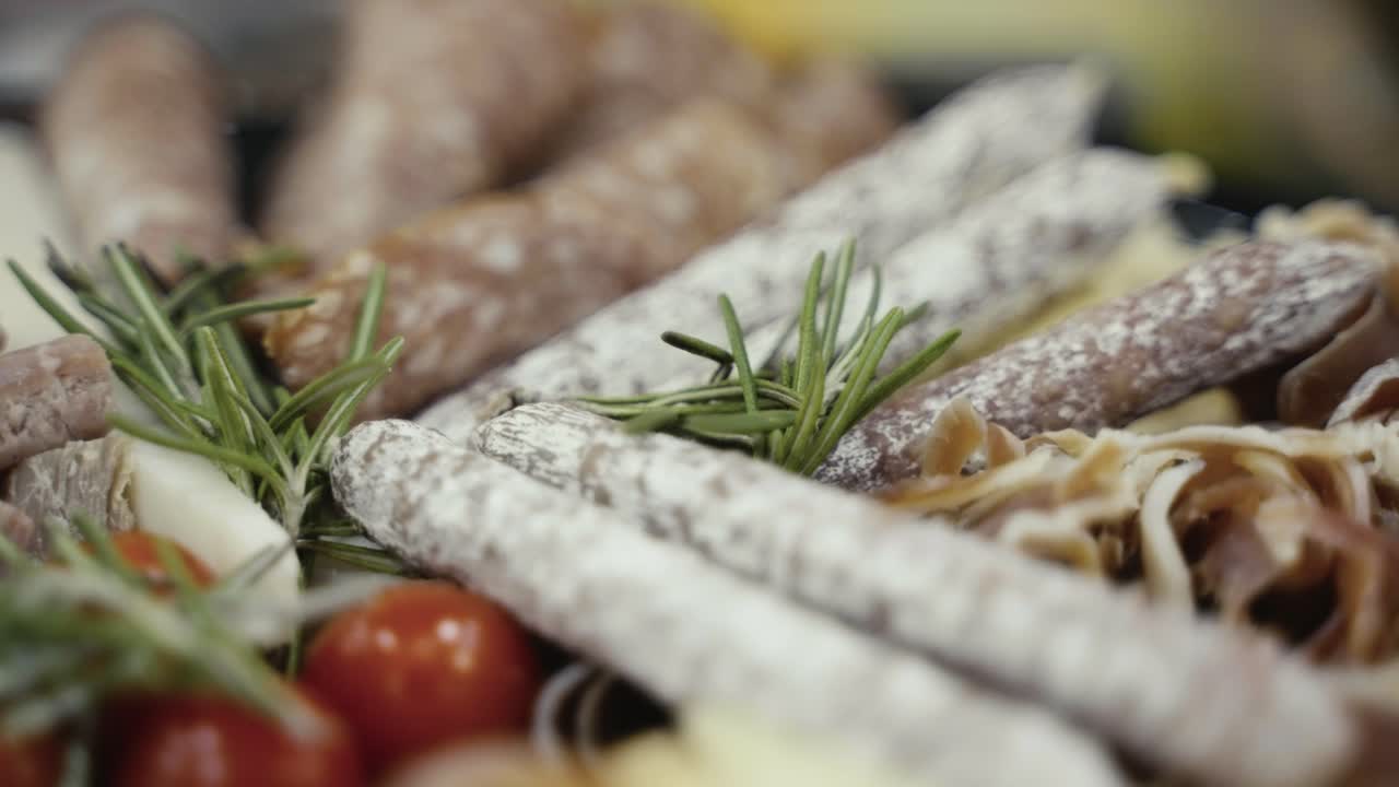 Extreme close-up of a delicious meat and cheese platter