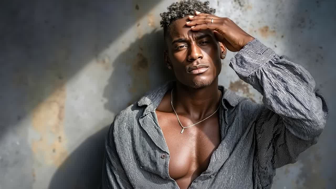 A man in a striped shirt leaning against a wall